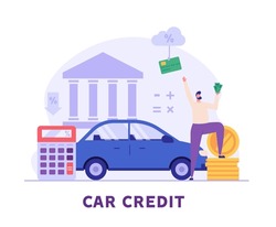 Man purchases car with bank loan. Happy client buying new automobile on motor credit. Concept of auto credit, car loan, auto finance, banking products. Vector illustration in flat for web banners, UI