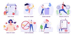 People with healthy habits. Physical and mental wellness set. Women doing yoga exercises, planning diet and meditating. Collection of healthy sleep, stop smoking, drink water, morning running