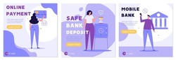 Customer buying online with bank e-card. Client using mobile bank service. Woman saving money in profitable deposit. Banners of online payment, mobile bank, safe bank deposit. Vector illustrations