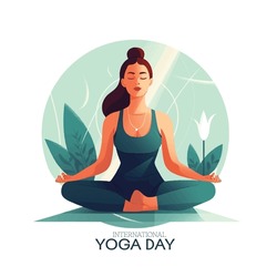 International Yoga Day. 21 June yoga day banner or poster with woman in lotus pose