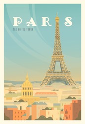 Beautiful city view in sunny day in Paris with historical buildings, The Eiffel tower, trees. Time to travel. Around the world. Quality vector poster. France.
