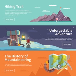 Colorful vector flat banner set. Quality design illustrations, elements and concept. The history of mountaineering. Unforgettable adventure. Hiking trail.