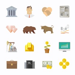 Multicolor stock exchange trading set of icons. The bulls and bears struggle. Equity market. World economy major trends. Modern flat design.