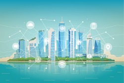 Vector flat illustration. Smart city. Modern buildings. Green city. Icons of wifi, internet, communication, locations, car rent, shopping of technology for smart city conceptual.