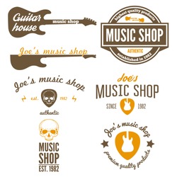 Set of vintage logo, badge, emblem or logotype elements for music shop, guitar shop