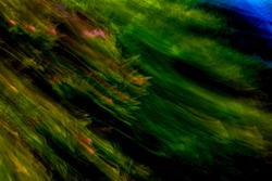 Streaking mountainside vegetation light-streak pattern in shades of green, with touches of blue, orange and pink, on black - abstract, motion-blurred background texture 