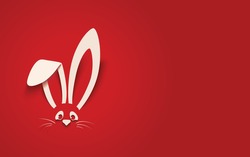 Happy Easter greeting card with white paper cut Easter Bunny Ears isolated on a red background,vector illustration