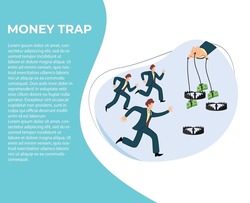 concept of businessman caught in financial trap. businessman chasing money businessman controlled by money. flat vector design
