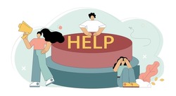 Help concept. Little people click on the Help button. Vector illustration isolated on white background.