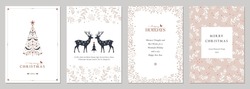 Corporate Holiday cards with Christmas tree, reindeers, bird, floral frames, background and copy space. Universal artistic templates.