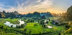  Rice terrace paddle field in sunset and dawn at Phong Nam, Trung Khanh, Cao Bang, Vietnam. Cao Bang is beautiful in nature place in Vietnam, Southeast Asia. Travel concept
