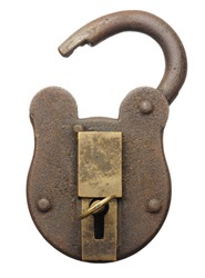 an vintage padlock unlocked and opened with key isolated on white