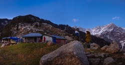 Camping in the foothills of the Himalayas. Triund hill, Dharmsala, India.