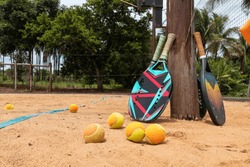 Racket and ball on the beach. Beach tennis. summer sport concept