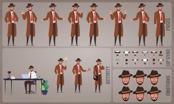 Private Detective character Set. Collection of character body Poses, facial gestures, investigation activities and Lip syncs poses. Ready-to-use and animate, character set. Vector illustration.