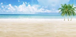 Sand, sea, sky and beach background with tropical beach and summer day.