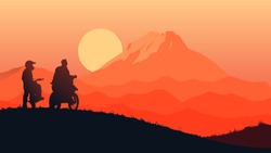 duo motocrosser sillhouetter rest and see sunrise flat style illustration vector