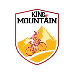King of Mountains (KoM). best road cycling mountain climber. cyclist climb hill with mountain backround badge. vector illustration