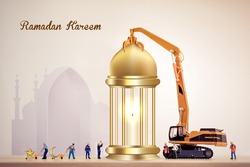 Construction Ramadan kareem, miniature worker people working on a lantern, Ramadan karim holiday concept for business construction companies . construction Ramadan Mubarak