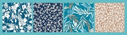 Set of simple floral seamless patterns. Meadow plants, leaves, leaf and small daisy flowers collection. All over print. Botanical collage in modern flat liberty style. Floral silhouettes. Summer motif