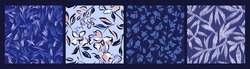 Set of simple floral seamless patterns. Daisy flowers collection in blue color. Sketch flat drawing. Botanical collage in modern trendy style.