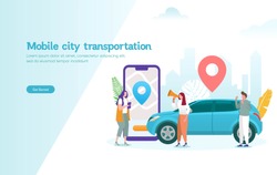 mobile city transportation vector illustration concept,  Online car sharing 
 with cartoon character and smartphone, 
can use for, landing page, template, ui, web, mobile app, poster, banner, flyer