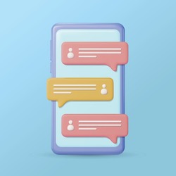 3d message conversation vector illustration, 3d bubble chat pop up from phone screen background isolated