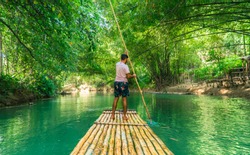 Landscape shot of man (tourist) rowing bamboo raft, whilst on cruise on vacation in Montego Bay, Jamaica, Caribbean. Martha Brae 2019.