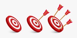 Simple flat minimalist arrow and target illustration. archery targets with a variety of shots. The arrow that pierced right in the middle of the target. A failed arrow miss hits the bullseye.