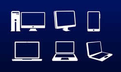 Vector illustration of a variety of computer electronic devices. Suitable for promotion media for electronic stores, offices, information technology services. A collection of computer and laptop icons