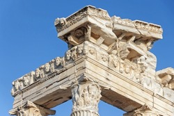 Close up fragment of the entablature of the ruined temple of Apollo in Side (Turkey) with a stone-cut relief on the frieze. History, art or architecture concept