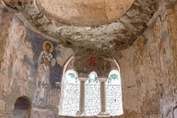 Medieval frescos in the St. Nicholas church in Myra. Demre, Antalya, Turkey. Byzantine wall-painting. History of religion and art concept