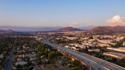 Sunset aerial view of downtown Riverside, California.