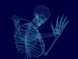 Vector illustration of wireframe human skeleton that prays. Blue polygonal human skeleton. 3D. Vector illustration.