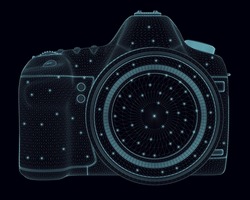 Wireframe of a professional camera made of blue lines with glowing lights isolated on a dark background. Front view. 3D. Vector illustration.