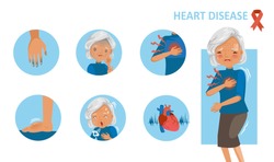 Heart disease and heart attack symptoms. Old woman standing hand holding chest pain. Cyanosis of hand, feelling weak, swelling of feet, trouble breathing, palpitation, Cartoon in  circle infographic. 