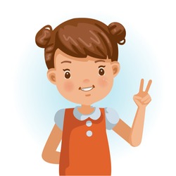Little girl v sign. Positive emotions be smile. Cartoon character vector illustration isolated on white background.