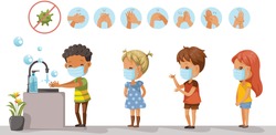 Prevents the flu and infection from the covid-19. Wear a mask. Wash your hands.
Children wearing protective masks and children are queuing to wash their hands. Health care concept vector illustration
