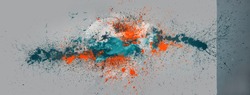 big colorful abstract orange, turquoise, white color spot on two tone gray background, multicolor paint splash in studio, leave an exciting pattern of woman bodypainting, copy space