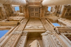 Detailed view of Celsus Library in the Ephesus Ancient City (Efes). Celsus Library is an ancient Roman building in Ephesus, Turkey.