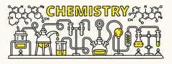 Chemistry beaker experiment banner. Outline illustration of chemistry beaker experiment vector banner for web design