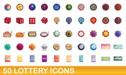 50 lottery icons set. Cartoon illustration of 50 lottery icons vector set isolated on white background
