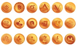 Cryptocurrency icons set. Cartoon set of cryptocurrency vector icons for web design