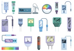 Ph meter icons set. Cartoon set of ph meter vector icons for web design