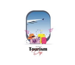 world tourism day - cool cute pack -view from an aeroplane window window. design web banner