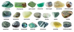 set of various tumbled green stones with names cutout on white background