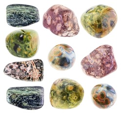 set of various orbicular jasper stones cutout on white background