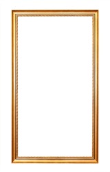 blank tall narrow old golden picture frame cutout on white background