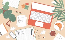 Teenager desktop top view. A laptop, notebooks and pens are on the table. Flat vector illustration