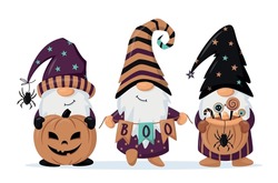 Hand drawn cute gnomes in Halloween disguise with a pumpkin, sweets, garland. T shirt design vector, Holidays greeting card. For flyers, invitations, posters. Happy Halloween Vector illustration.